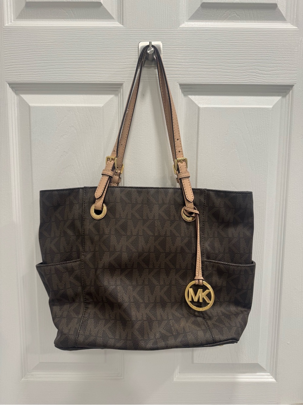 Michael Kors Brown Jet Set Logo Tote with Tan Straps and Gold Hardware